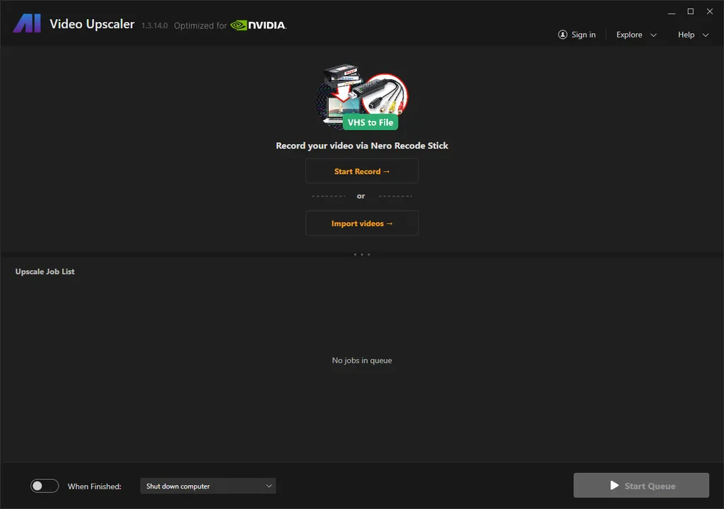 Nero AI Video Upscaler Pro Welcome Screen