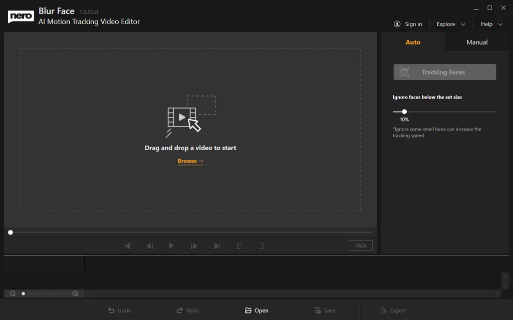 Nero Blur Face AI Motion Tracking Video Editor Welcome Screen