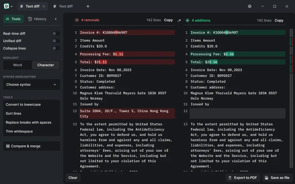 Diffchecker Dark Mode Screenshot